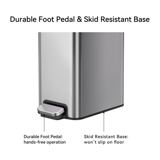 Slim Stainless Steel Trash Can - 2.6 Gallon Step Garbage Bin with Soft Close Lid, Brushed Finish, Narrow Vertical Wastebasket for Bathroom, Bedroom, or Office, Durable Construction and Easy Cleaning