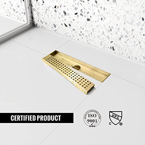 12 inch Linear Shower Drain Brushed Gold with Grate Removable | Square Hole Panel,AISI 304 Stainless Steel Fast Drainage Rectangle Hidden Shower Trench,Detachable Hair Catcher,Leveling Feet - color: Gold, size: 12 inch+No Base