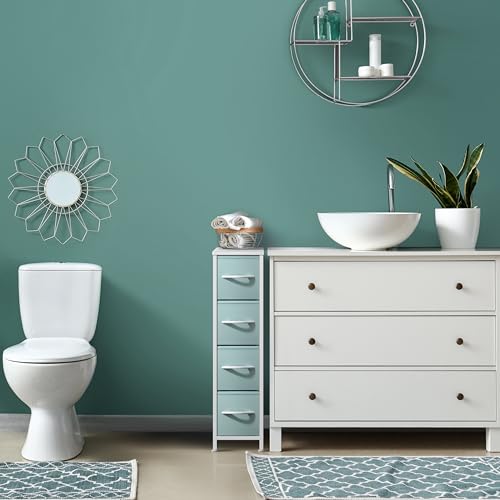 Sorbus Kids Narrow Dresser with 4 Drawers - Vertical Slim Storage Chest of Drawers with Steel Frame, Wood Top & Easy Pull Fabric Bins for Small Spaces, Closets, Bedroom, Bathroom & Laundry - color: Pastel Aqua, style: 4 Drawer