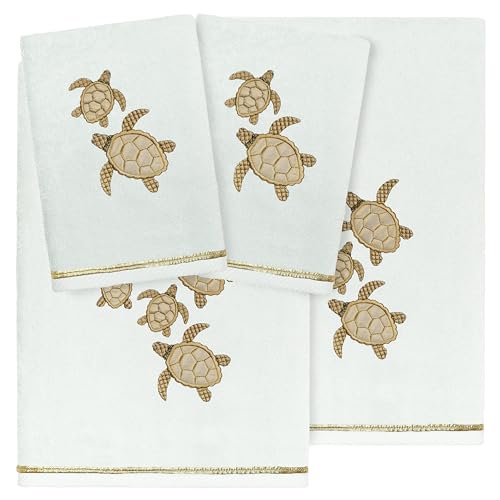 Jewel 4-Piece Premium Towel Set, Embroidered Turtles, Plush Turkish Cotton, Durable & Quick Dry, Elegant Beach Style, 2 Bath 2 Hand Towels, Aqua - color: Aqua, size: 2 Pcs Bath 2 Pcs Hand Towel