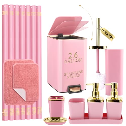 XLHOMO Bathroom Sets with Shower Curtain and Rugs Bathroom Accessories Set Pink Bathroom Set,Shower Curtain Set with Stainless Steel Trash Can - size: Pink, style: Bath Set+Shower Curtain+Bath Rugs