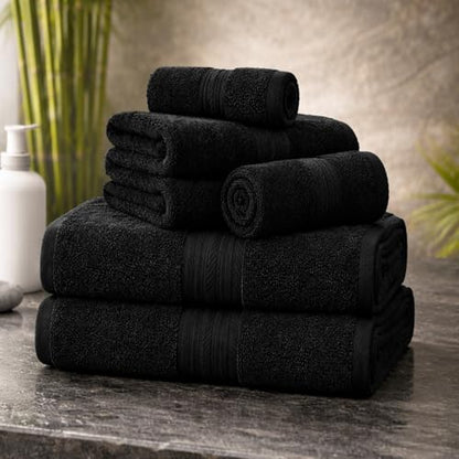 100% Cotton Bathroom Towel Set, 600 GSM, Soft & Absorbent, 6 Piece Set (2 Bath Towels, 2 Hand Towels, 2 Washcloths), Black - color: Black, size: Towel Set of 6