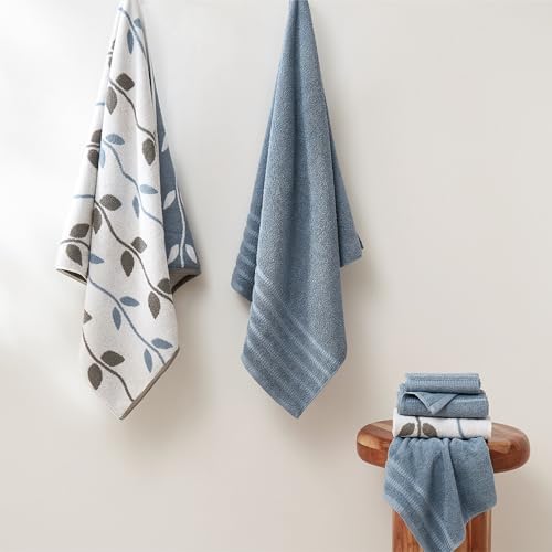 Modern Threads 6 Piece Bath Towel Set – Bathroom Set with 2 Bath Towels, 2 Hand Towels, and 2 Wash Cloths – 100% Cotton, Super Absorbent & Extra Soft – Reversible Natural Vine (Blue) - color: Blue