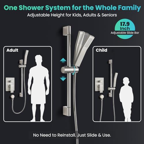 gotonovo 12 Inch Bathroom Shower Faucet Set with Slide Bar Brushed Nickel | SUS304 Rainfall Shower Head with Handheld Sprayer Combo,Rough-in Valve Trim Kit Complete,Adjustable Handheld Height,All Metal - color: Nickel