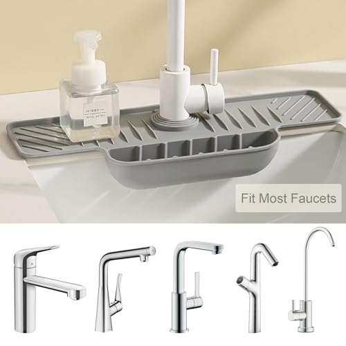 Silicone Faucet Mat with Sponge Holder, Sink Splash Guard, Faucet Draining Mat for Kitchen Bathroom, 5° Slope Split-flow Drainage, Sink Dry and Tidy Organizer, Gray - color: Gray