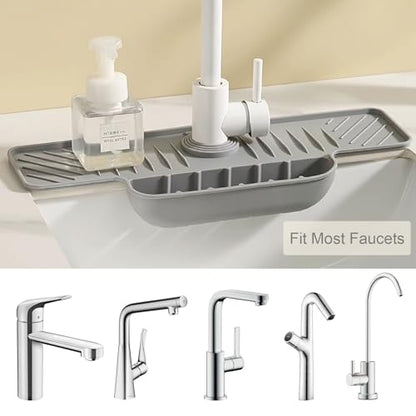 Silicone Faucet Mat with Sponge Holder, Sink Splash Guard, Faucet Draining Mat for Kitchen Bathroom, 5° Slope Split-flow Drainage, Sink Dry and Tidy Organizer, Gray - color: Gray