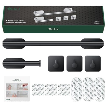 JiGiU 16-Inch Towel Bar, Self Adhesive Bath Hardware Set Bathroom Towel Holder with Toilet Paper Holder & 3 Packs Towel Hooks Stainless Steel Bathroom Hardware Accessory Kit, No Drilling-Black | Wall Mounted Towel Holder, Bathroom Accessories, Stainless S