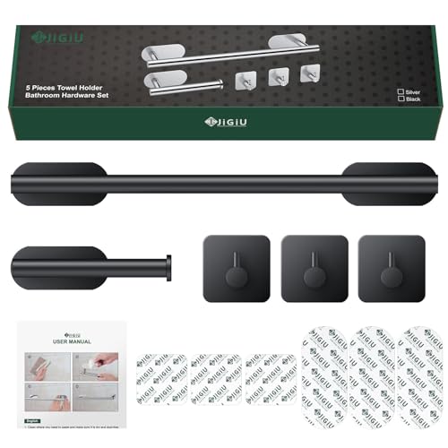 JiGiU 16-Inch Towel Bar, Self Adhesive Bath Hardware Set Bathroom Towel Holder with Toilet Paper Holder & 3 Packs Towel Hooks Stainless Steel Bathroom Hardware Accessory Kit, No Drilling-Black | Wall Mounted Towel Holder, Bathroom Accessories, Stainless S