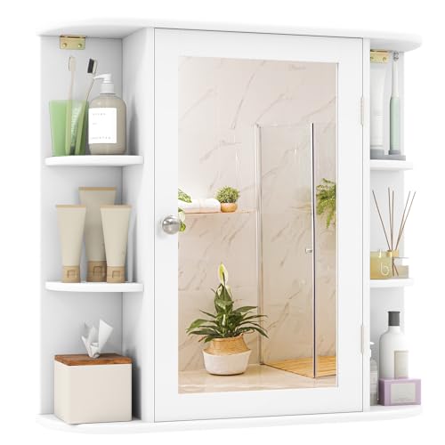 Tangkula Bathroom Medicine Cabinet with Mirror, Modern Wall Mounted Space-Saving Storage Organizer with Mirrored Door, 4 Internal Shelves & 6 Open Side Shelves, Bathroom Wall Cabinet (White) - color: White