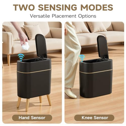 Black and Gold Sensor Trash Can Bathroom,Smart Plastic Wastebasket | Waterproof,Narrow,Motion Sensor, Convenient and Hygienic Easy to Use，2.6 gallon Small Garbage Can for Office,Bedroom,Kitchen - color: Black