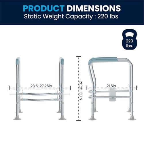 Pemberly Row Adjustable Toilet Safety Rail, Steel Frame with Gray Padded Handles, 23.5-27.25"W x 21.5"D x 26.25-30"H, Lightweight, Suction Cup Feet, Tool-Free Assembly, Elderly or Disabled Use
