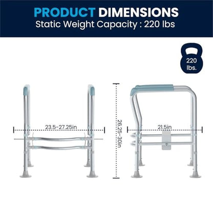 Pemberly Row Adjustable Toilet Safety Rail, Steel Frame with Gray Padded Handles, 23.5-27.25"W x 21.5"D x 26.25-30"H, Lightweight, Suction Cup Feet, Tool-Free Assembly, Elderly or Disabled Use
