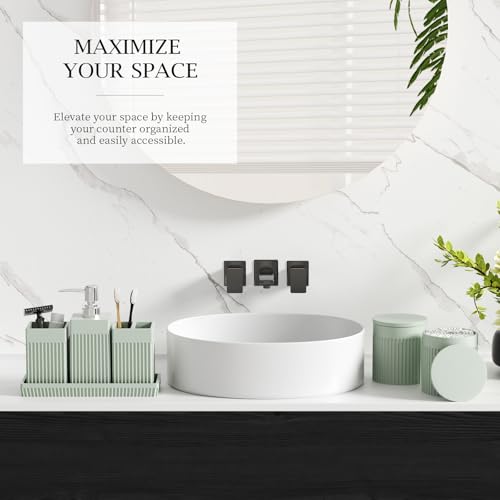 Bathroom Accessories Set, 6-Piece Resin Green Bathroom Set with Toothbrush Holders, Soap Dispenser, Vanity Tray, Tumbler, Cotton Swab Jars, Modern Bathroom Organizer for Small Spaces - color: Green