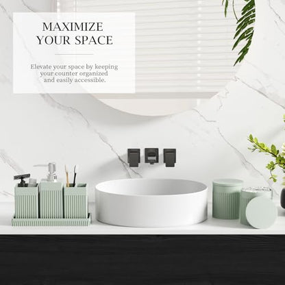 Bathroom Accessories Set, 6-Piece Resin Green Bathroom Set with Toothbrush Holders, Soap Dispenser, Vanity Tray, Tumbler, Cotton Swab Jars, Modern Bathroom Organizer for Small Spaces - color: Green