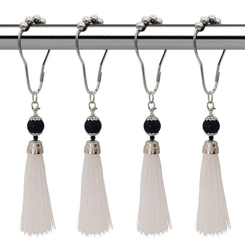 Set of 12 Boho Shower Curtain Hooks for Bathroom, Rustproof Stainless Steel Shower Curtain Rings with Tassel Decorative, Curtain Hanger Clips for Home Bathroom, Bedroom, Baby Room Decor (White) - color: White