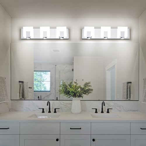 SOLFART Bathroom Lighting Fixtures Over Mirror Chrome 3 Light Bathroom Vanity Light Dimmable LED Lights Stainless Steel Acrylic - color: Chrome,Spotlight Model-6000K,100%-0% Dimmble Brightness, size: 3- Light,20Inch