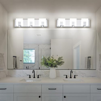 SOLFART Bathroom Lighting Fixtures Over Mirror Chrome 3 Light Bathroom Vanity Light Dimmable LED Lights Stainless Steel Acrylic - color: Chrome,Spotlight Model-6000K,100%-0% Dimmble Brightness, size: 3- Light,20Inch