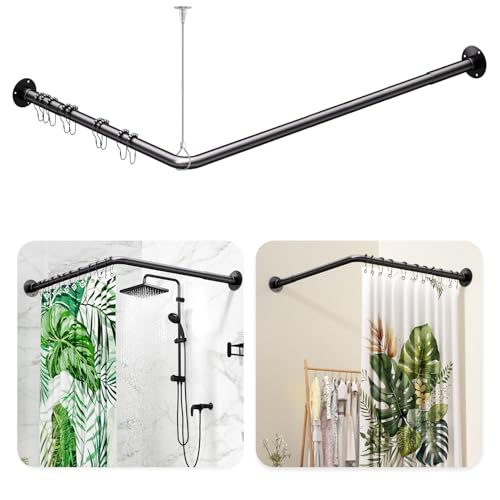 L Shaped Shower Curtain Rod - [39''-69''] x [55''-85''] Adjustable Corner Shower Rod, 90 Degree Shower Rod Bar for Bathroom Bathtub, Clothing Store with 12 Ring Hooks Ceiling Support - color: Black