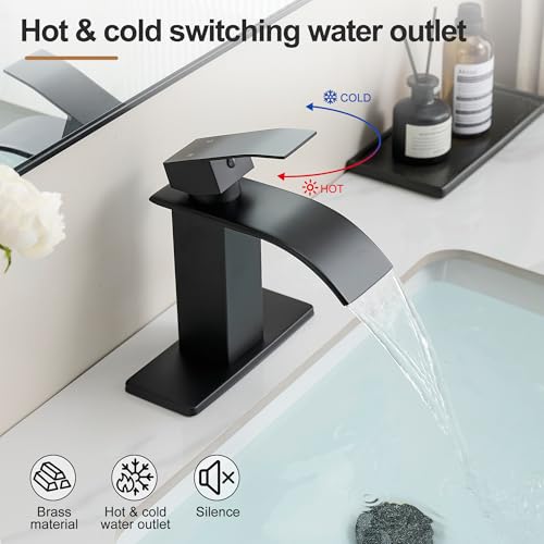 Waterfall Bathroom Faucet, Single Handle Matte Black Sink Faucet 1 Hole or 3 Hole for Lavatory, Washbasin, Vanity, Commercial, with Deck, Pop-up Drain and Supply Hoses - color: Matte Black