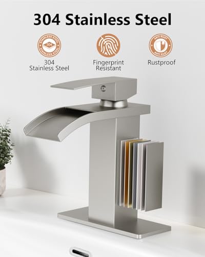 Brushed Nickel Waterfall Bathroom Faucet 1-Handle Vanity Faucet | Stainless Steel Modern Bathroom Sink Faucet,Pop-Up Drain, Supply Lines 6-in Deck Plate, 1- or 3-Hole, NSF Certified - color: Nickel