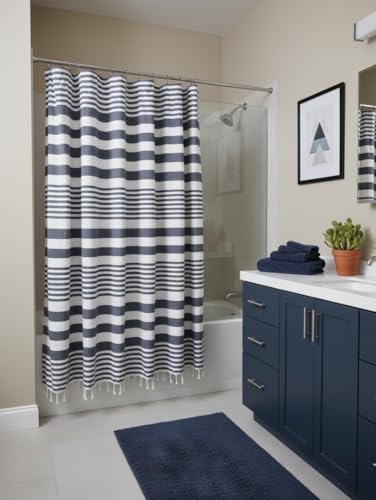 Blue and White Striped Cotton Fabric Shower Curtain with Fringe for Bathtub or Shower, Machine Washable Bath Curtain, 72 x 72 Inch, Margot Denim - color: Margot Denim
