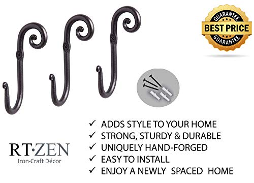 Classic Farmhouse Wall Mount Multi-Use Wrought Iron Hook Set (3 Pack) | Decorative Rustic Metal Handcrafted Bathroom, Entreyway Home Decor Hooks Suitable for Coats, Towels, Robe or Hat Hanging - style: J-Hook Swirl