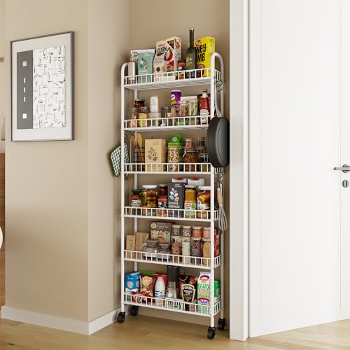 6 Tier Slim Rolling Storage Cart with Wheels, Metal Mobile Shelving Unit Organizer Utility Cart for Office Bathroom Kitchen Laundry Room Narrow Places (White 6 Inches) - size: White 6 Inches