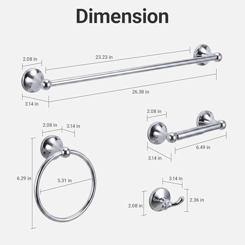 24-Inch Wall Mounted Towel Racks for Bathroom – Space Saver 4-Piece Durable Stainless Steel Bathroom Hardware Set with Towel Bar, Towel Ring, Toilet Paper Holder & Hook, Chrome