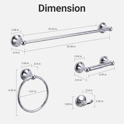 24-Inch Wall Mounted Towel Racks for Bathroom – Space Saver 4-Piece Durable Stainless Steel Bathroom Hardware Set with Towel Bar, Towel Ring, Toilet Paper Holder & Hook, Chrome