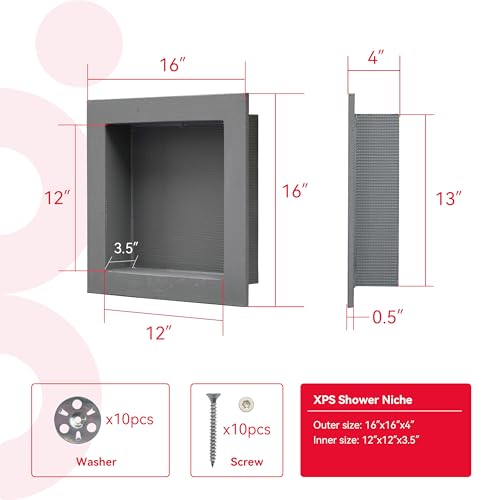 Shower Niche Insert Tile Ready 12x12 | Embedded size 13x13, mortar surface for strong tile bonding, waterproof coating for double water protection, double shelf - size: 12" x 12"