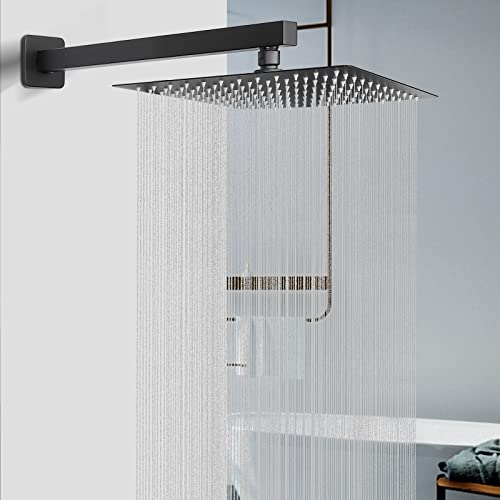 Shower Head with Extension Arm, High Pressure Square with ShowerArm, Stainless Steel Rainfall-Waterfall Full Body Coverage (10'' Shower with 16'' Arm, Matte Black) - color: Matte Black, size: 10'' Shower with 16'' Arm