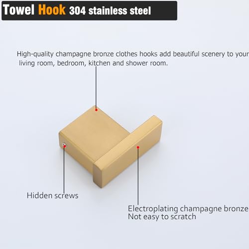 RANDOM Towel Hooks for Bathrooms SUS304 Stainless Steel Hand Towel Holder,Coat Rack Wall Mount Robe Hook,Champagne Bronze.96009-8CB - color: Single Hook-Champagne Bronze