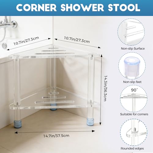 14.3''H Acrylic Corner Shower Stool for Shaving Legs | Clear Waterproof Foot Rest with Storage Shelf, Triangle Bench for Inside Small Spaces & Bath Supplies