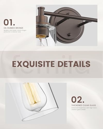 FEMILA 3-Light Vanity Light,Farmhouse Bathroom Light Fixtures,Metal Wall Sconce with Clear Glass Shade,Oil Rubbed Bronze Finish,4FYC56B-3W ORB - color: Oil-Rubbed Bronze, size: 17.3"