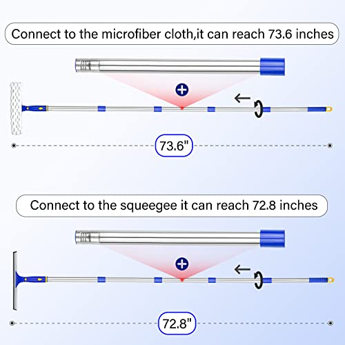 Window Squeegee with 2 Sets Separate Pole, 12" Rubber Squeegee and 11" Microfiber Pads, 60"-73.6" Telescopic Window Cleaning Kit with Rotating Head for High Windows, Shower Glass, Car Windshield - color: White&blue