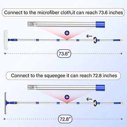 Window Squeegee with 2 Sets Separate Pole, 12" Rubber Squeegee and 11" Microfiber Pads, 60"-73.6" Telescopic Window Cleaning Kit with Rotating Head for High Windows, Shower Glass, Car Windshield - color: White&blue