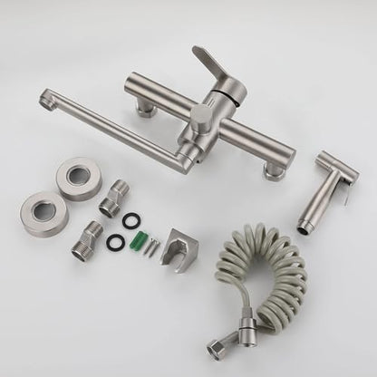 Wall Mount Kitchen Sink Faucets with Side Sprayer, Commercial Faucet, Nickel Brushed Unility Sink Faucet, Mixer Taps, 7.5-8.5 Inch Center, Spout Reach 9.2" - color: A Style, Nickel Brushed