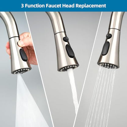 Universal Kitchen Faucet Head, 3 Modes, 15 Adapters Kit, Brushed Nickel | NSF/ANSI/CAN 372 Certified, Compatible with Kohler/Moen/Delta, 3 Function Pull Down Sink Faucet Spray Head Replacement, G1/2 - color: Brushed Nickel
