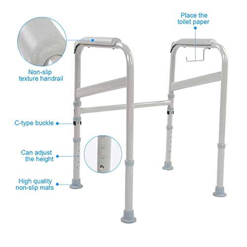 Adjustable Safety Hand Rail Bathroom Toilet Support Frame with Waterfall Armrests for Seniors Handicap Disabled Elderly