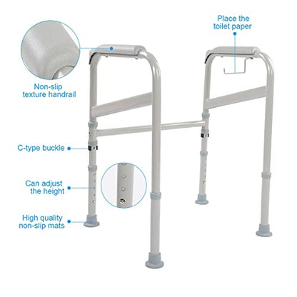 Adjustable Safety Hand Rail Bathroom Toilet Support Frame with Waterfall Armrests for Seniors Handicap Disabled Elderly