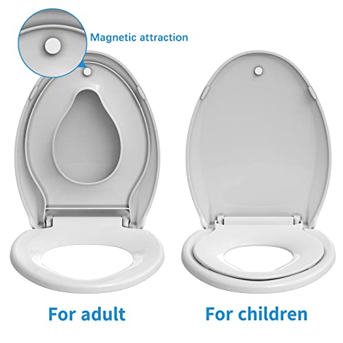 19" Elongated Toilet Seat with Built-In Potty Training Seat, Soft Quiet-Close Lid with Non-Slip Design, Magnetic Kids Seat in White, Easy to Install and Clean - color: White, with Toddler Seat, size: Elongated (19″)