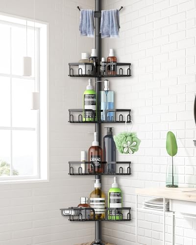 Corner Shower Caddy Tension Pole 4 Tier Adjustable Stainless Steel Shower Shelf for Inside Shower Bathtub Shampoo,Standing Bathroom Organizer Shelves with 26 to 120 inch Height - color: Black-new