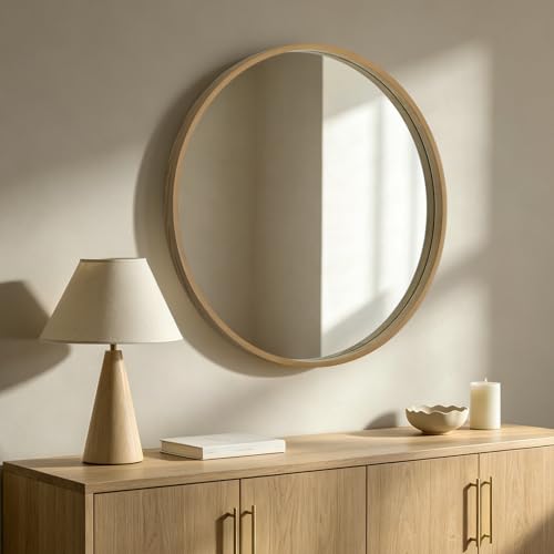 HOMECOOKIN Round Wood Mirror 32 inch Circle Mirror, Rustic Farmhouse Wooden Framed Decorative Wall Decor, Vanity Wall Mirror for Bathroom, Bedroom, Entryway, Living Room (Natural) - color: Natural, size: 32"L x 32"W