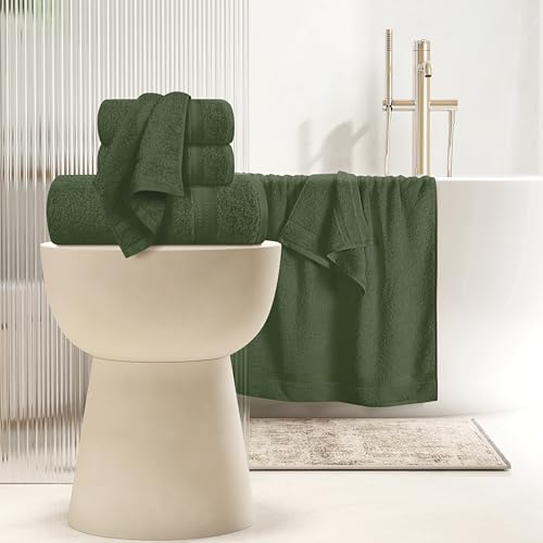MyOwn 6 Piece Towel Set, 100% Combed Cotton - 2 Bath Towels, 2 Hand Towels, 2 Wash Cloths - 500 GSM Luxury Hotel Quality Ultra Soft Highly Absorbent Towel Set for Bathroom - Olive Green - color: Olive Green