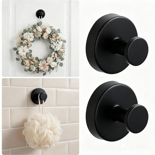 Suction Cup Wreath Hangers for Front Door Glass, Heavy Duty Vacuum Holder with Extended Hook, Washable Reusable Towel Hooks for Bathroom Shower, Black 2 Pack Stainless Steel - color: Black