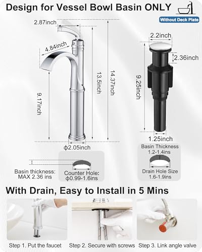 Tall Waterfall Bathroom Faucet Chrome, Single Handle Brass Vessel Faucet, Tall Faucet for Bathroom Sink, Bathroom Vanity Faucets 1 Hole with Pop up Drain Water Lines - color: Chrome