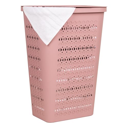 Mind Reader Slim Tapered Laundry Hamper with Lid, Clothes Basket with Swiss Cross Cut-Outs, Lightweight & Ventilated, Plastic, 16.75"L x 12.75"W x 23"H, Pink - color: Pink