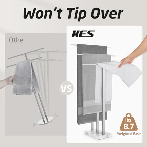 KES Heavy Marble Base Standing Towel Rack, 3-Tier Stainless Steel, Polished | Freestanding Design, No-Drill Assembly, Tiered Bars For Bath Sheets, Bath Towels, Hand Towels, Anti-Slip Pads - color: Polished Silver