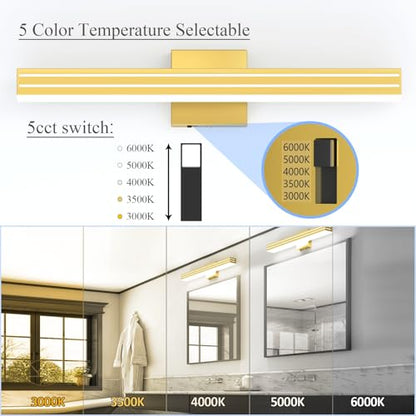 Ralbay 24inch Gold Vanity Light with 5 Color Temperature (2700K-6000K) Dimmable Acrylic Metal 24W LED Modern Matte Gold Bathroom Vanity Light Bar - color: Gold, size: 24 inch