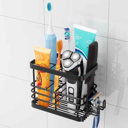 TAILI Powerful Suction Cup Toothbrush Holder, Segmented Design, Anti-Puddling Metal Shower Toothbrush Holder, No Drilling Removable Organizer for Bathroom Toothpaste, Razor, Kitchen and Office Items - color: Black Plus